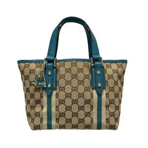 GUCCI GG Beige Dark Brown Light Blue Jacquard Leather Tote Bag 482-090125
